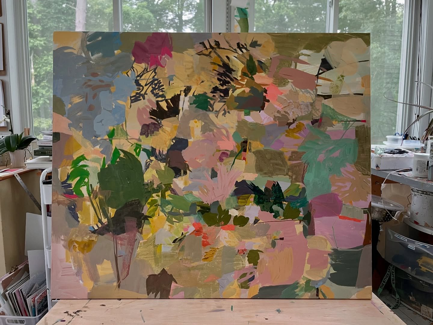 My mind lately&mdash;lots of things all zinging and bouncing around. Can the worries and forgettings and distractions be tamed? At least they do calm down a bit when I&rsquo;m painting&hellip;. &ldquo;Everything on the Counter&rdquo; 48 x 40 acrylic 