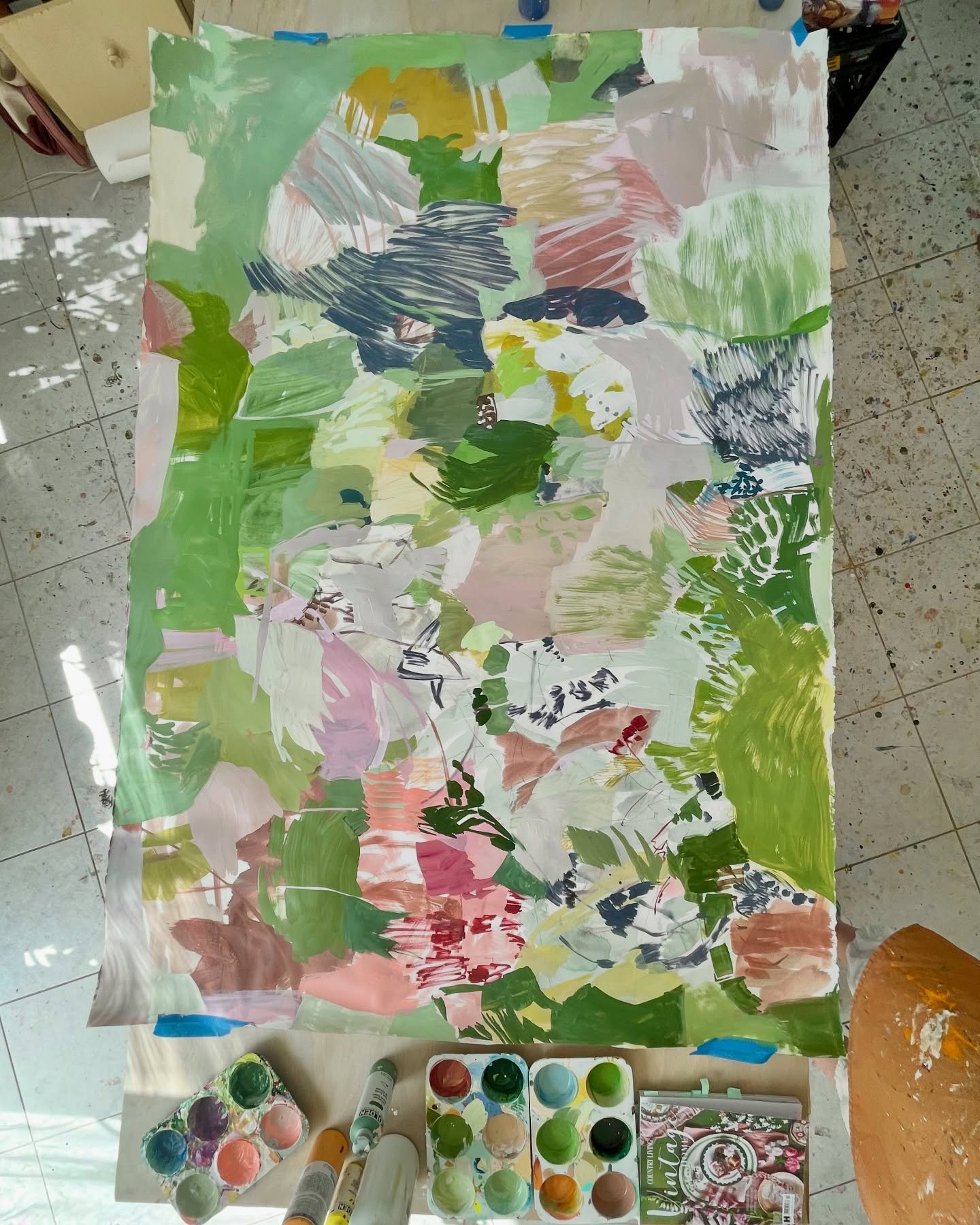 I think I will call this &ldquo;Turtles and Moss&rdquo;. I bought this large roll of smooth watercolor (maybe?) paper several years ago and it&rsquo;s been fun seeing how acrylic acts on it. This piece is 52 x 75&rdquo;. #studioscenes #artandfaith #m