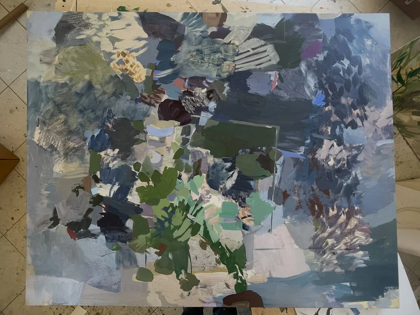 Ok someone make me stop repainting this. I do like it&mdash;it&rsquo;s got a mysterious, spooky night-sounds feeling. Before I painted over 70% of it, it was called, &ldquo;Windows Open, The Owls are Talking.&rdquo; But I feel like it has a night-kit