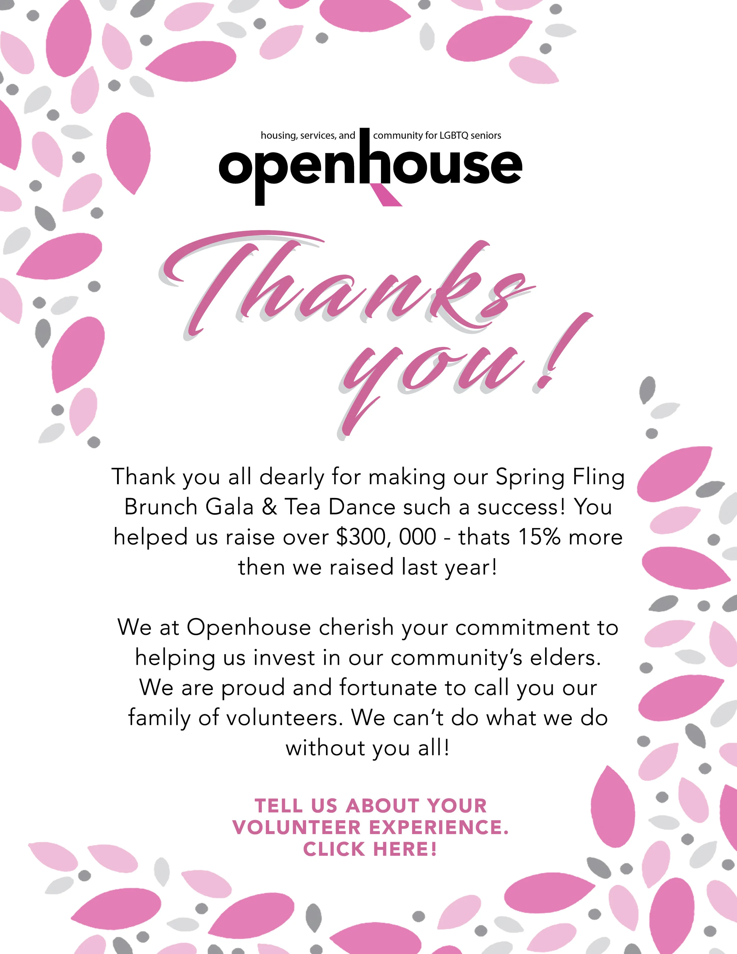 Thank you card I designed for volunteers who supported us during our 2019 Spring Fling Gala.