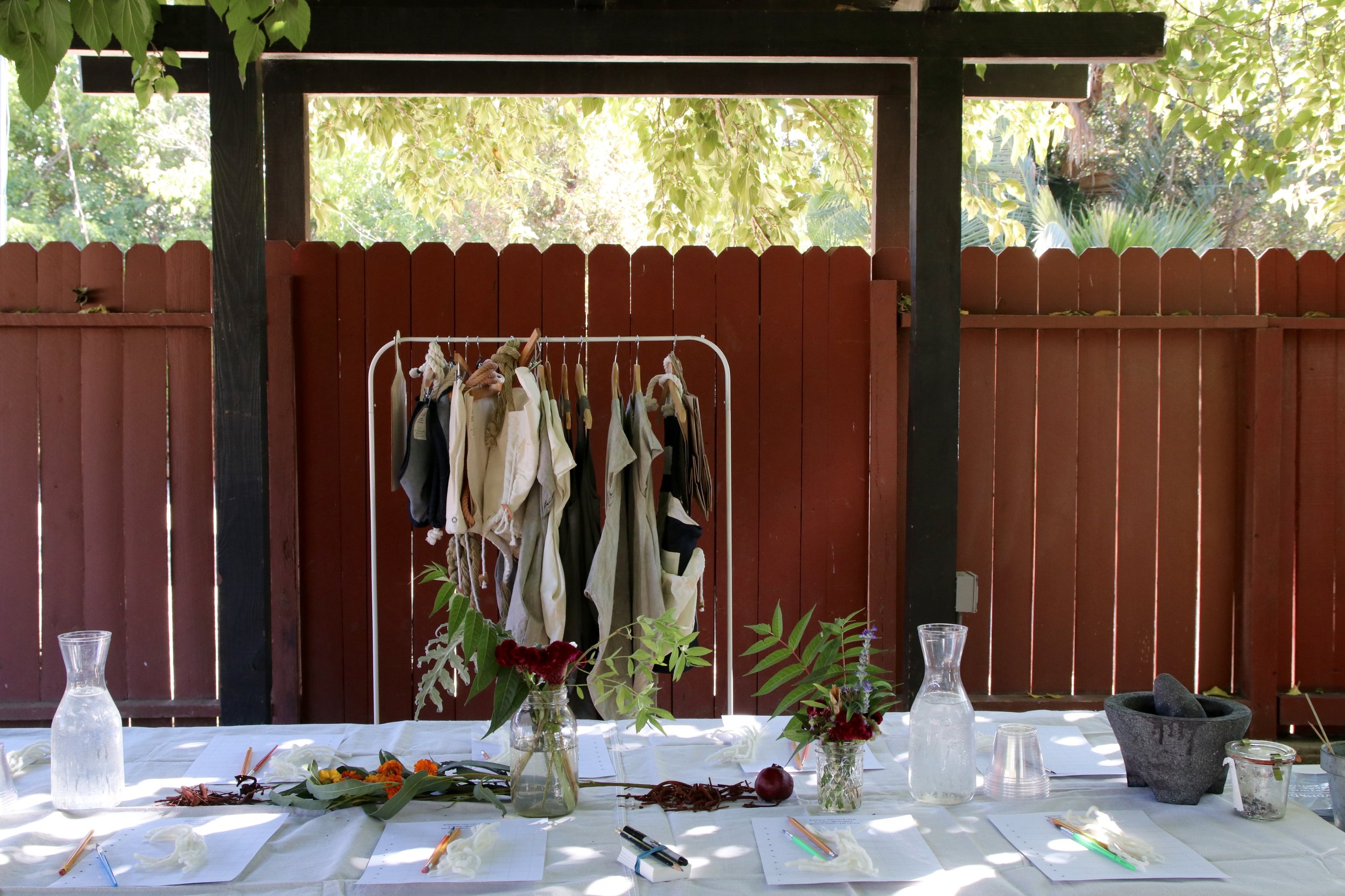 Our work table, color charts, yarn strips, and some of the plants used in the workshop.
