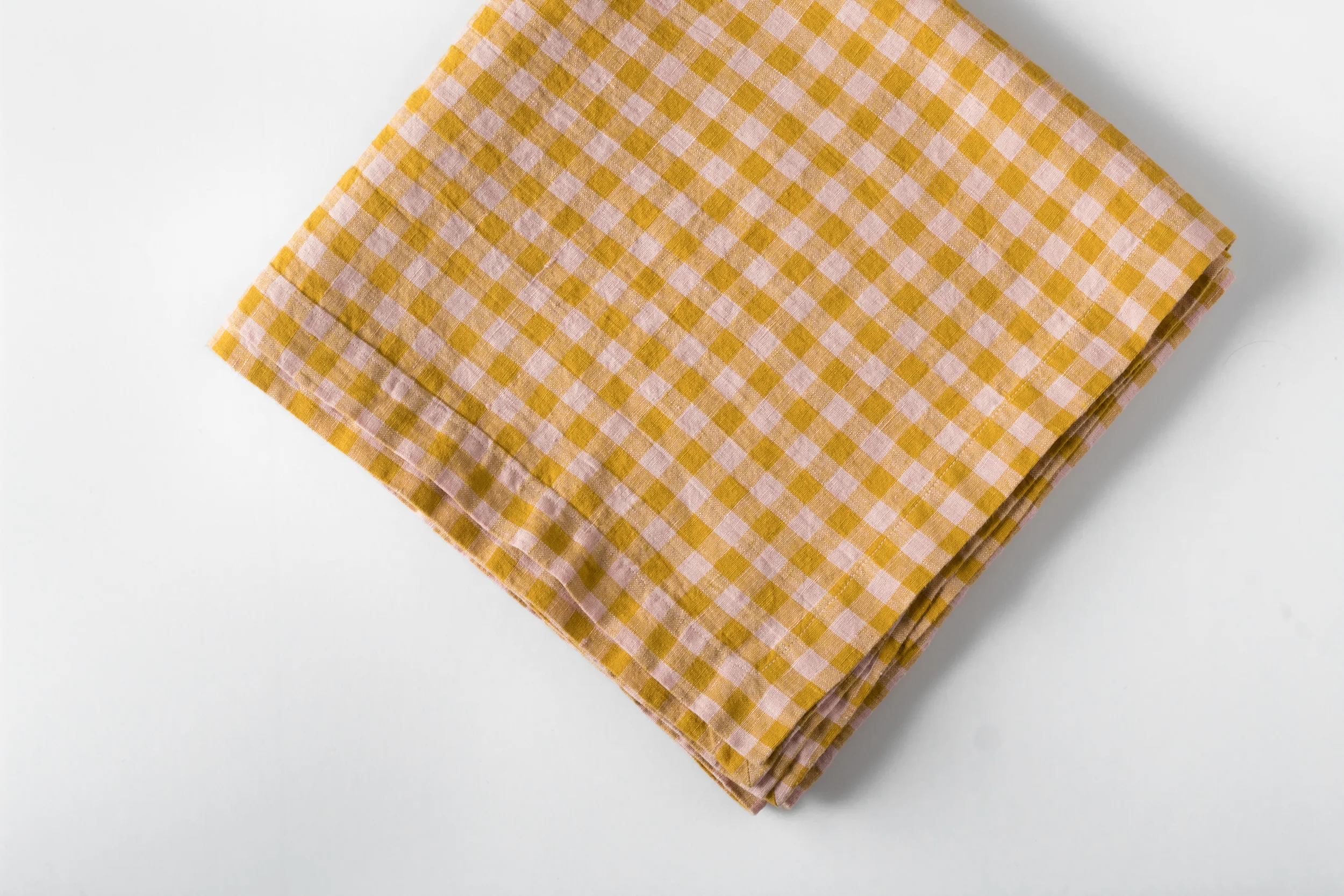 Square Linen Table Cloth in Mustard and Pink Gingham