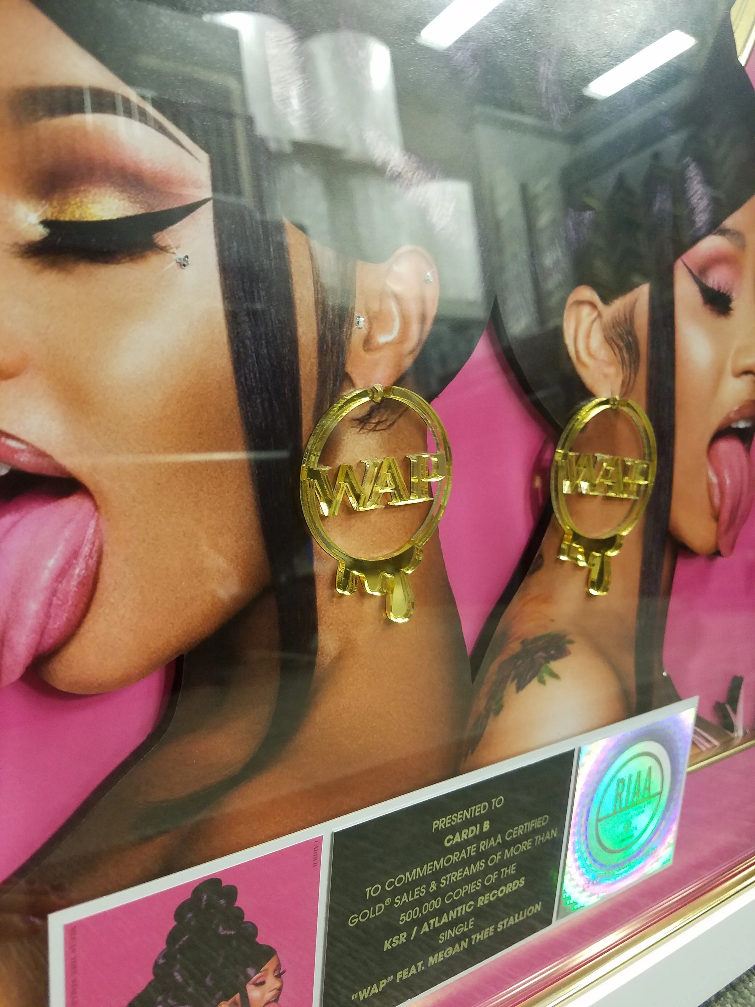 Components:   Printed background  Laser cut image  Laser Cut Gold Mirror Earrings  Jewels