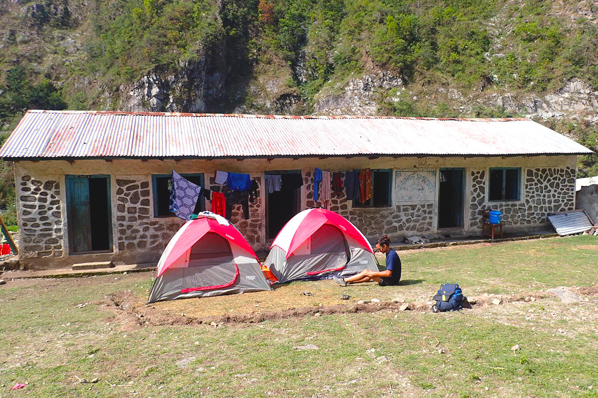 The volunteer tents set up just outside the old school building