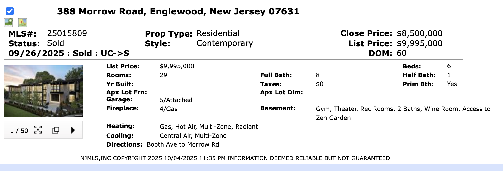 NJMLS sold record for 388 Morrow Road Englewood New Jersey at $8.5 million