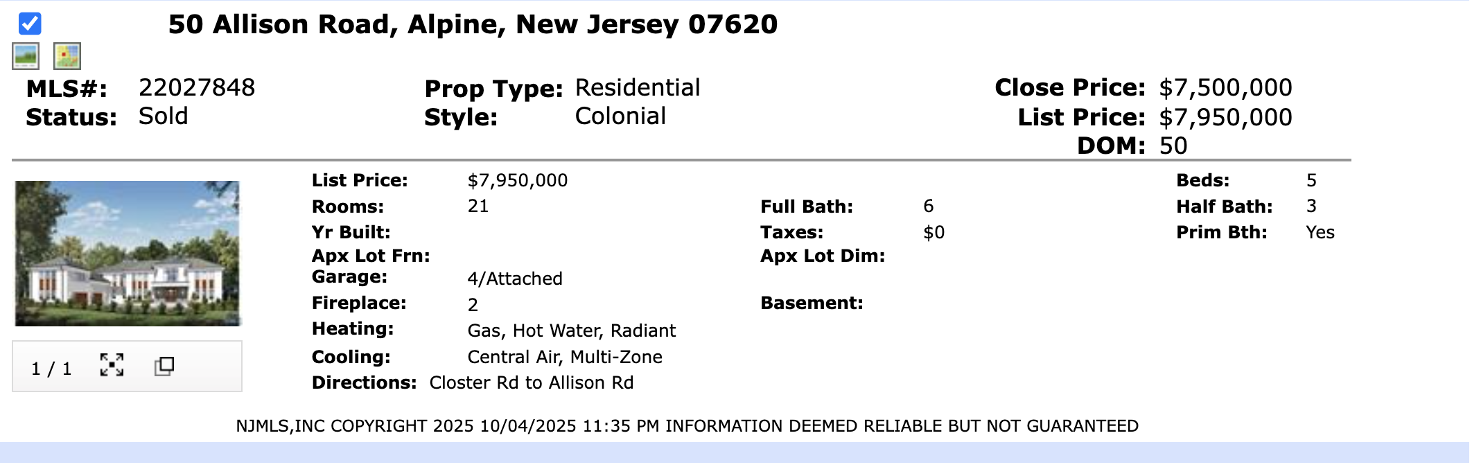 NJMLS sold record for 50 Allison Road Alpine New Jersey at $7.5 million
