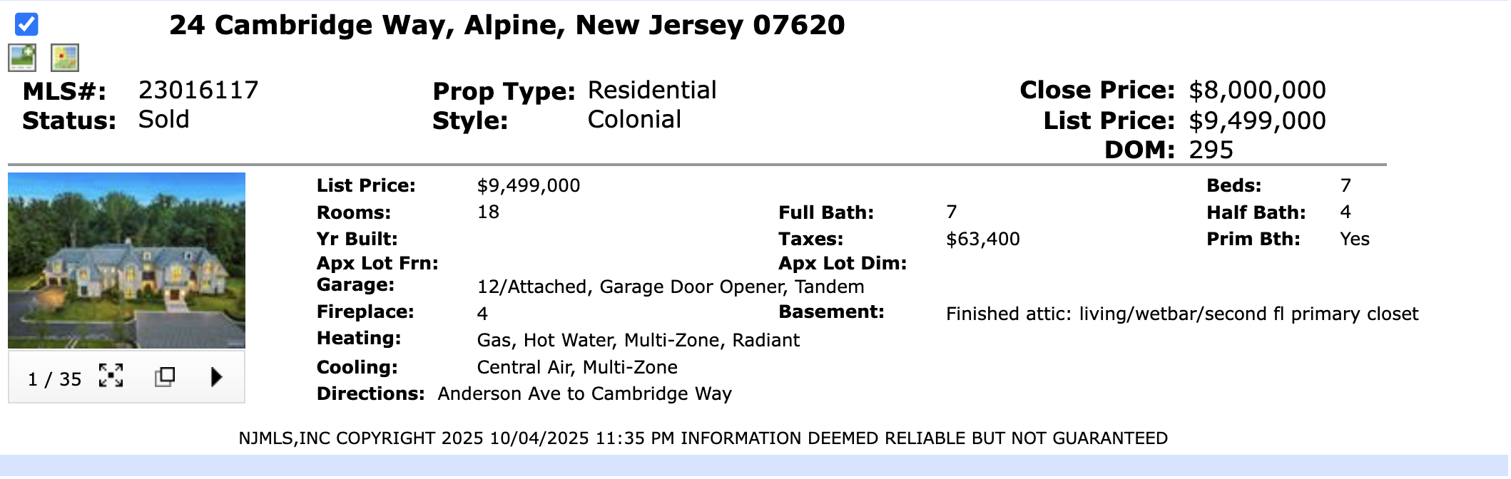 NJMLS sold record for 24 Cambridge Way Alpine New Jersey at $8 million