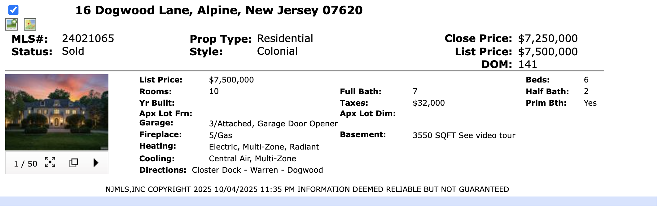NJMLS sold record for 16 Dogwood Lane Alpine New Jersey at $7.25 million