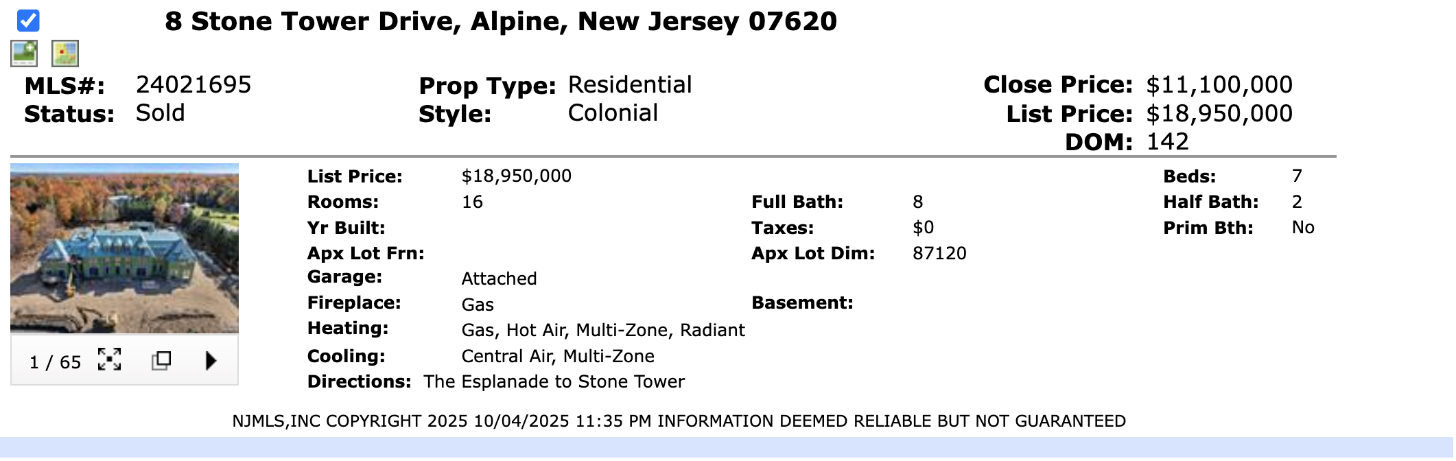 NJMLS sold record for 8 Stone Tower Drive Alpine New Jersey at $11.1 million