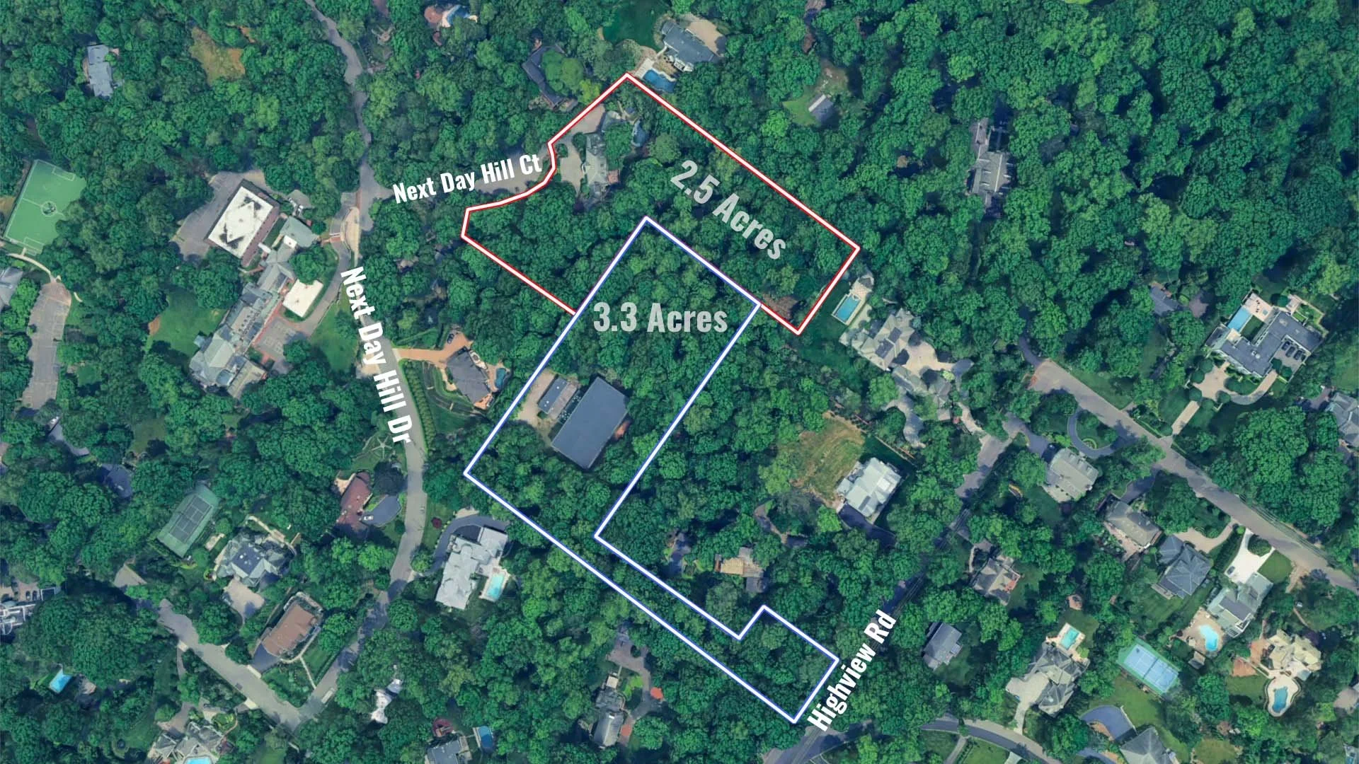 Over head view of the 2 parcels for sale.  Property Boundaries.