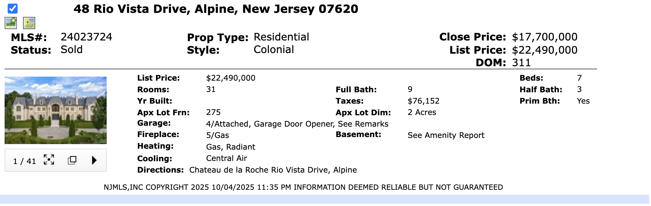 NJMLS sold record for 48 Rio Vista Drive Alpine New Jersey at $17.7 million