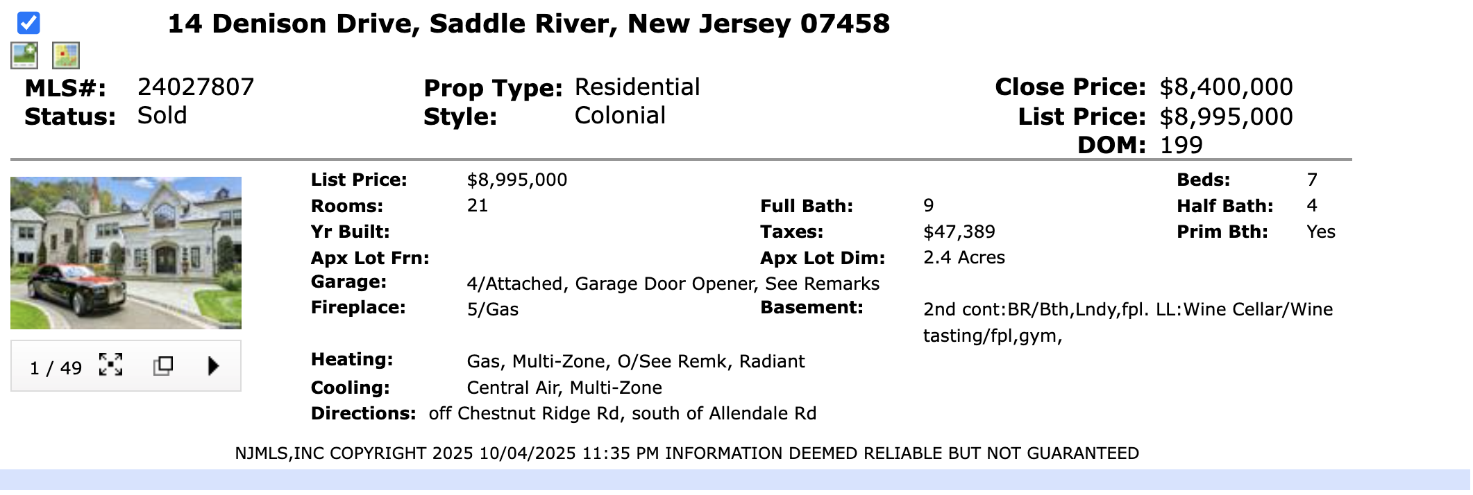 NJMLS sold record for 14 Denison Drive Saddle River New Jersey at $8.4 million