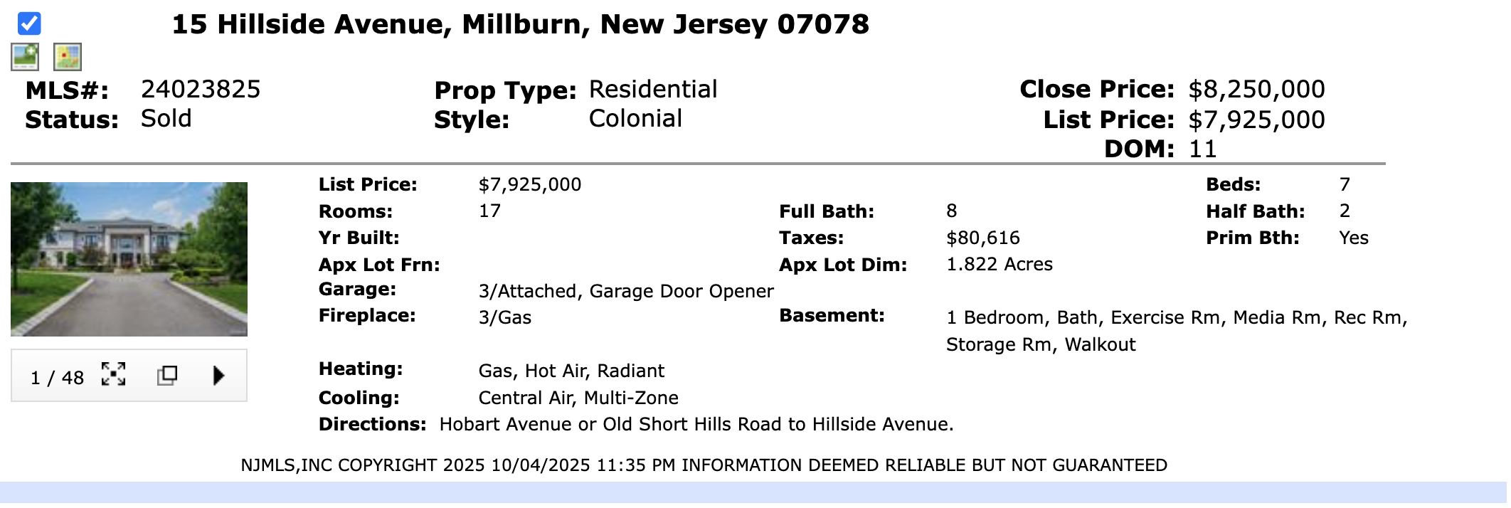 NJMLS sold record for 15 Hillside Avenue Millburn New Jersey at $8.25 million