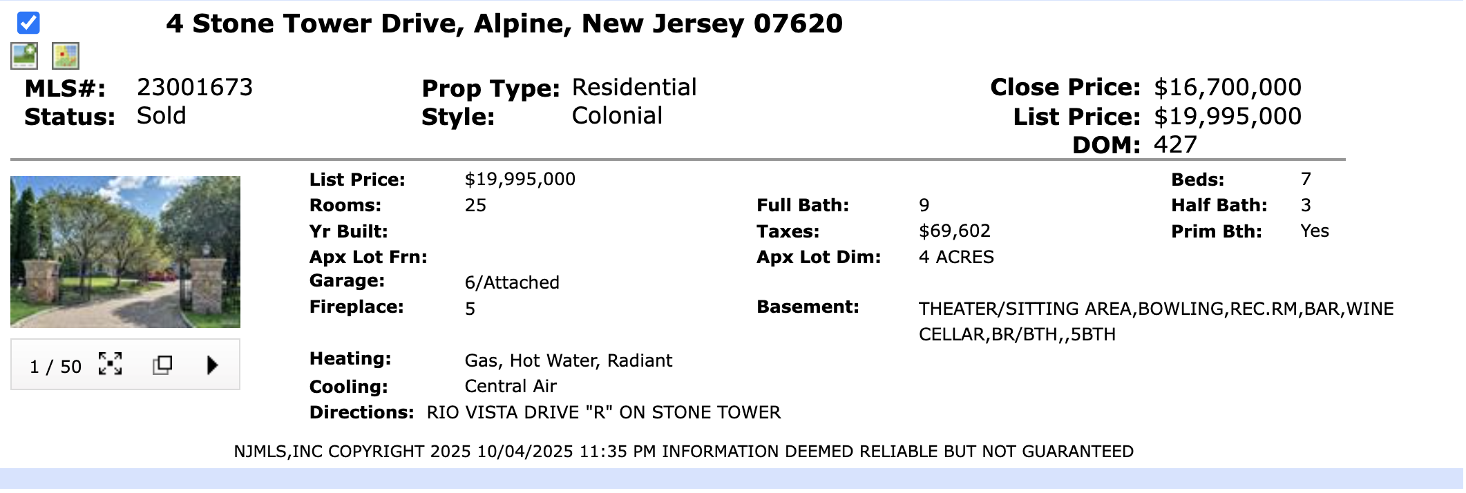 NJMLS sold record for 4 Stone Tower Drive Alpine New Jersey at $16.7 million