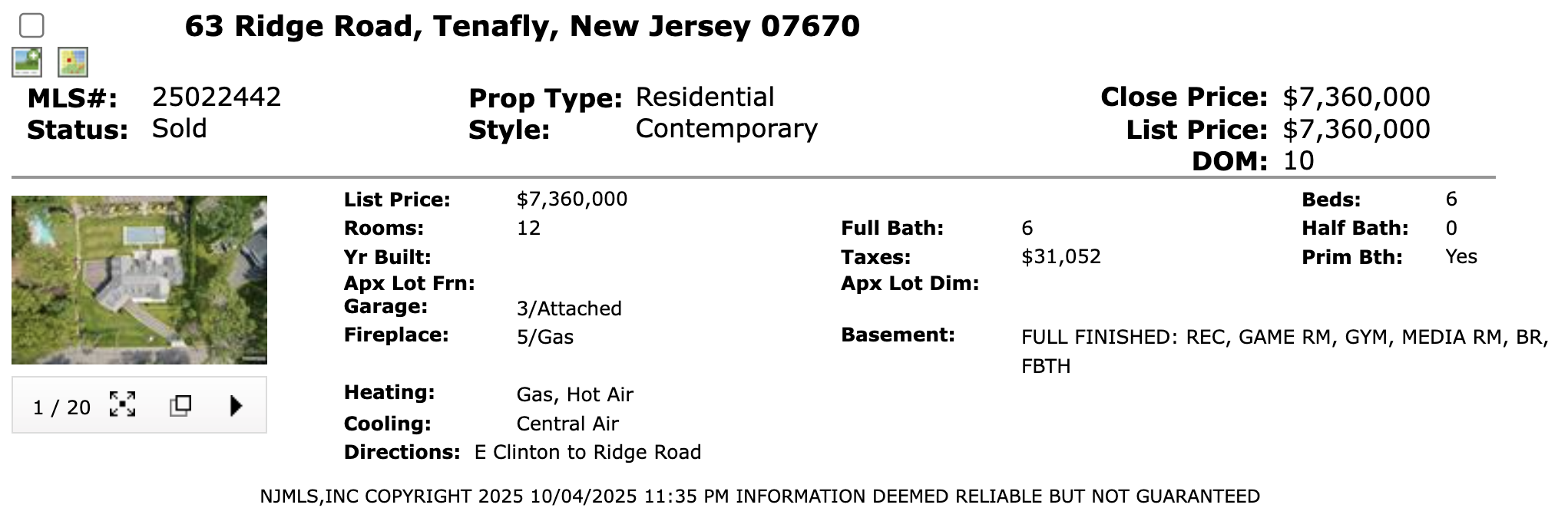 NJMLS sold record for 63 Ridge Road Tenafly New Jersey at $7.36 million