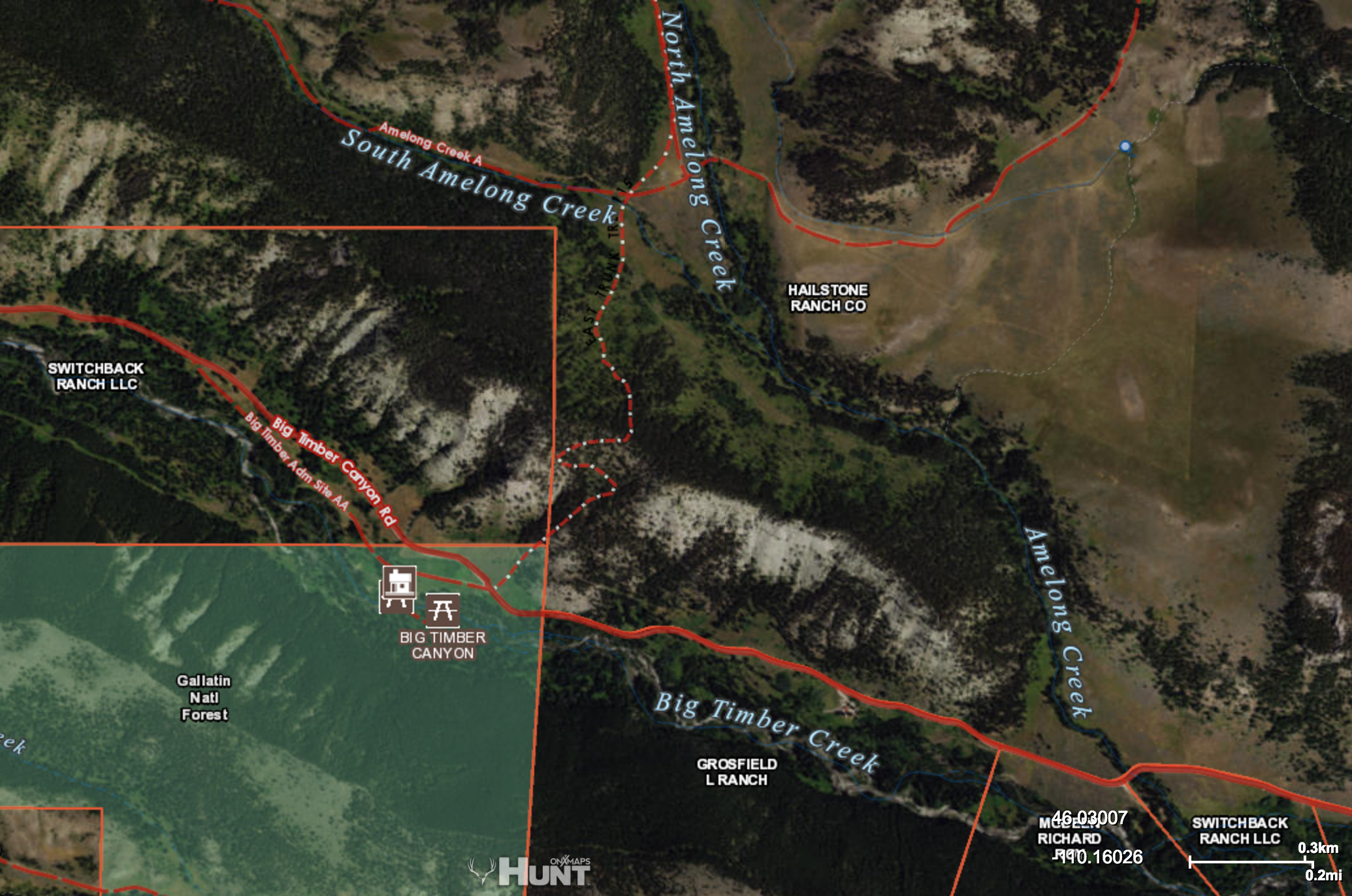 FS 115/136 leading north from the Big Timber Canyon Picnic Area, where Gregoire parked on the day he received his criminal trespass citation. Courtesy ONX Maps.