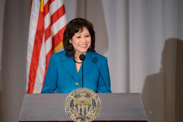 Hilda Solis has met with USC leaders to discuss east Los Angeles’ biotech future. (USC Photo/Gus Ruelas)