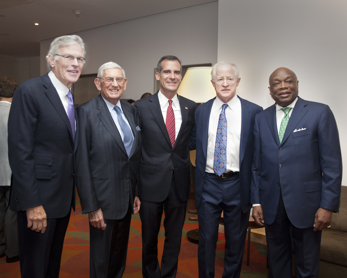 Nelson Rising with Eli Broad, Mayor Eric Garcetti, William Witte, and Willie Brown