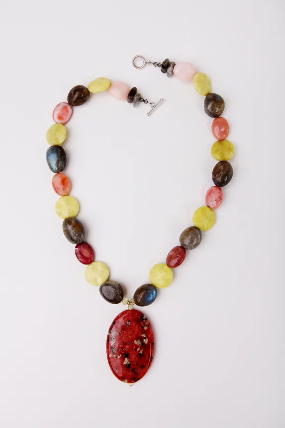Pink Feldspar, Laborodite, Peruvian Pink Opal, Yellow Jasper Necklace