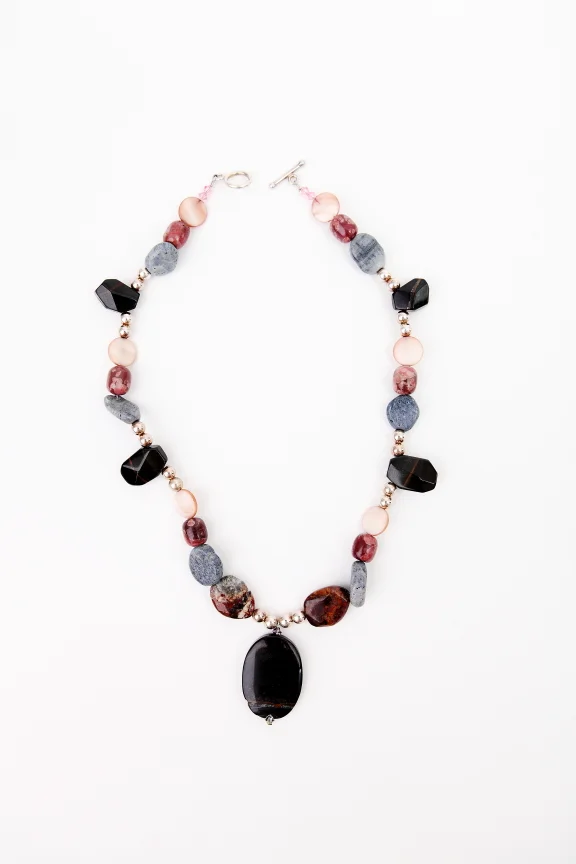 Blue Tigereye, Mother of Pearl, Blue Sponge Coral Necklace