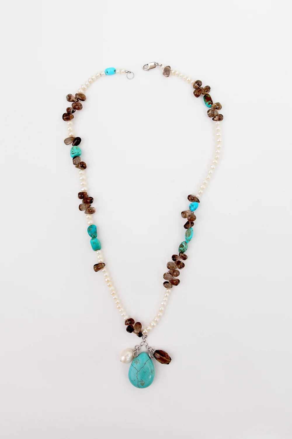 +Turquoise, Pearl &amp; Smoked Quartz Asymetrical Necklace
