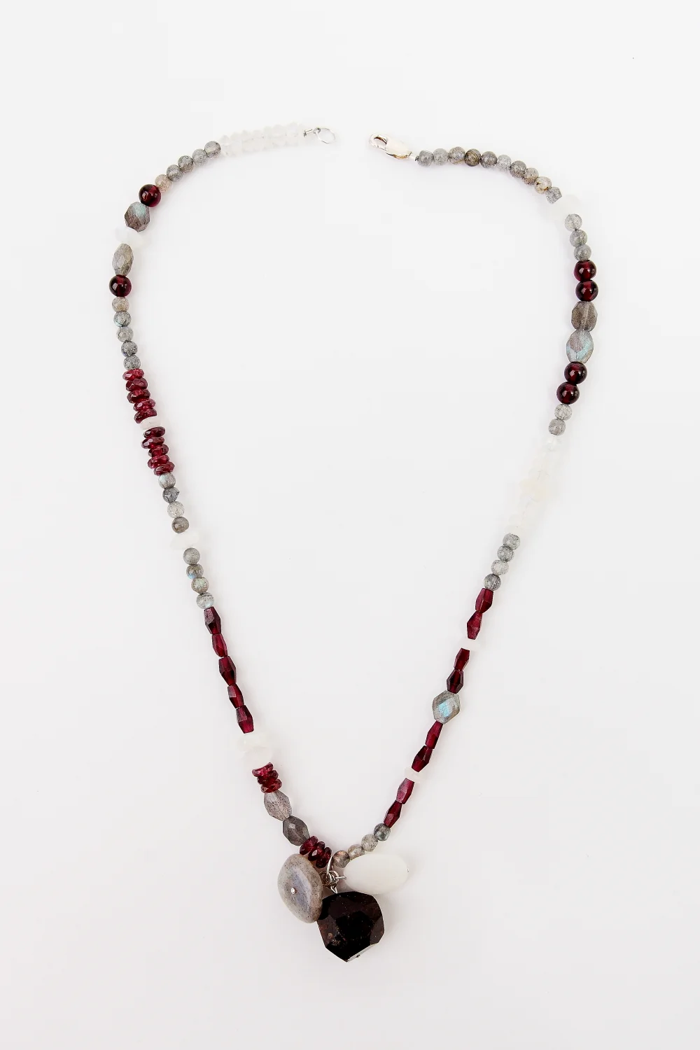 +Garnet, Laborodite, Moonstone Asymmetrical Necklace