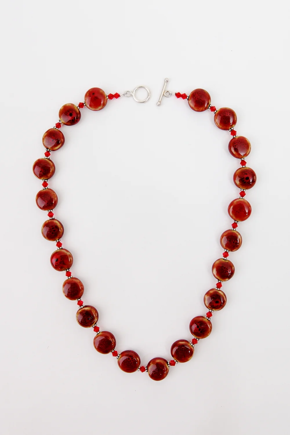 +Red Porcelain, Swarovski Crystal & Bali Silver Necklace
