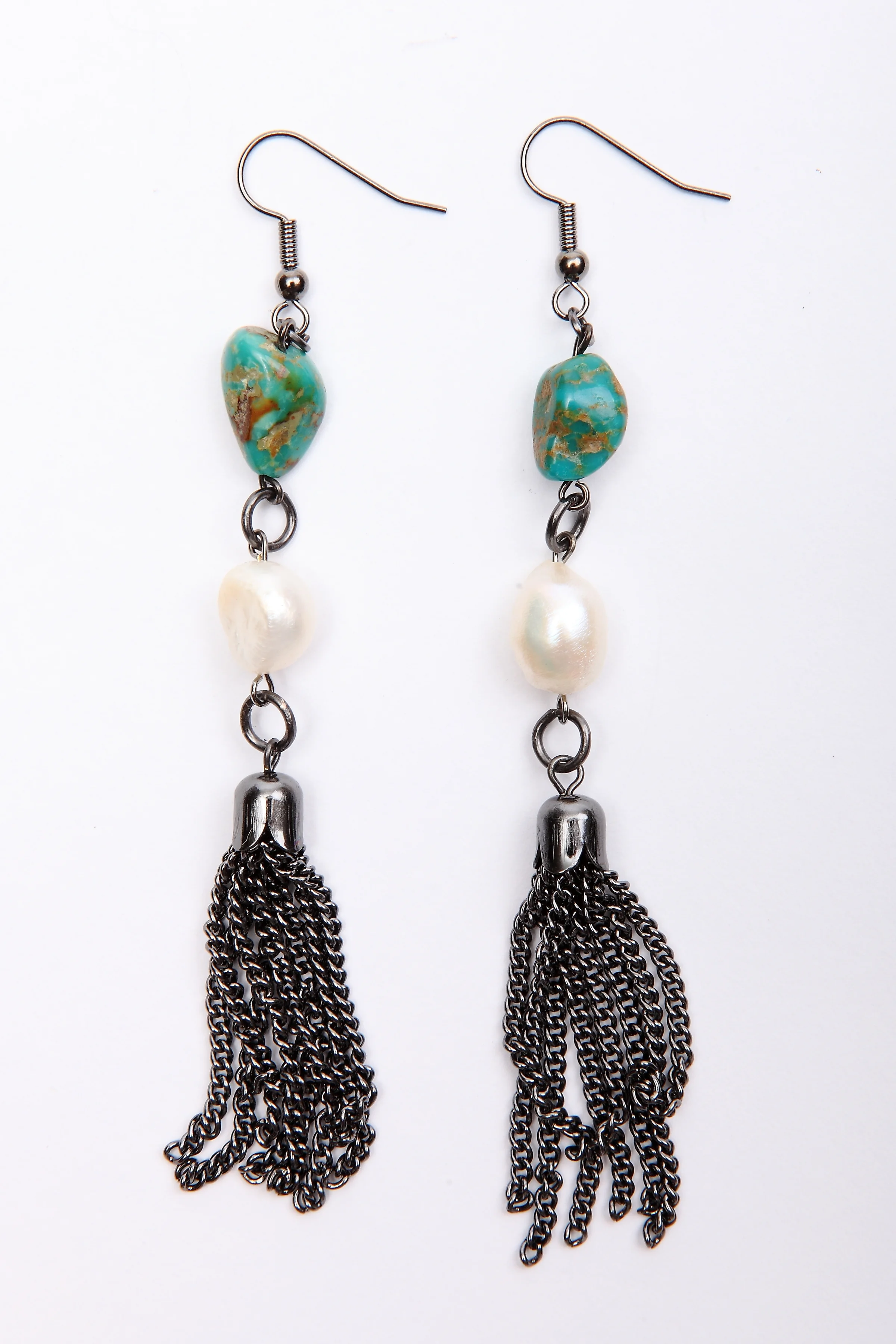 + Turquoise, Pearl Tassle Earrings