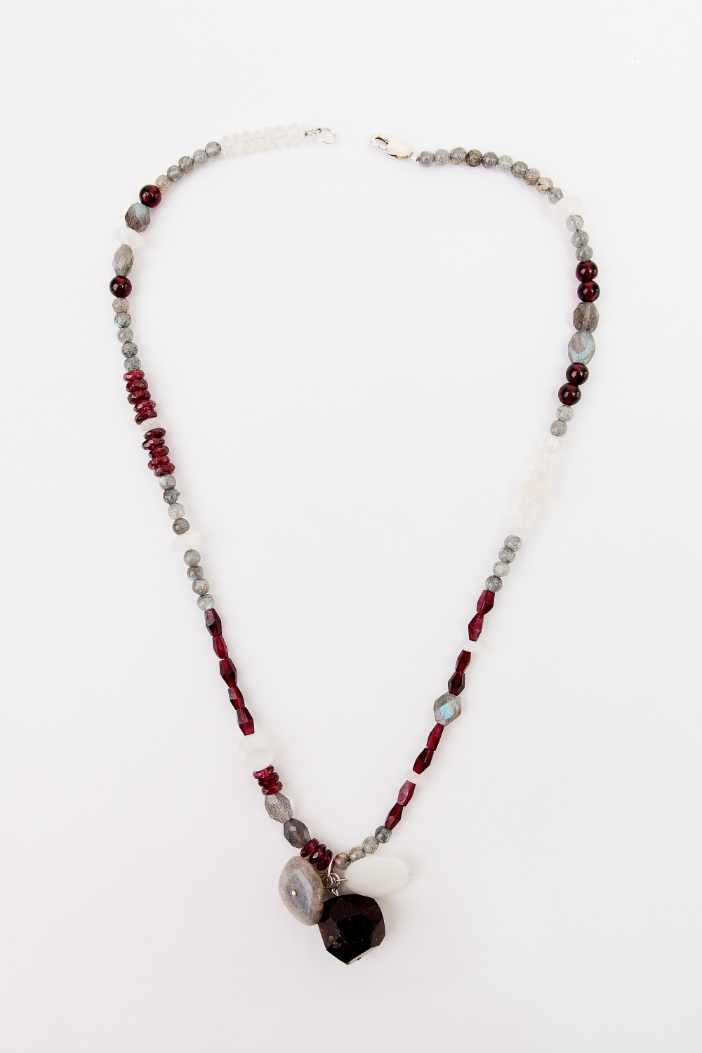 +Garnet, Laborodite, Moonstone Asymmetrical Necklace