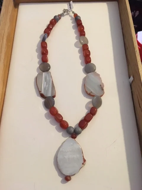 +Blue Lace Agate with Orange and Grey Agate Stone Necklace