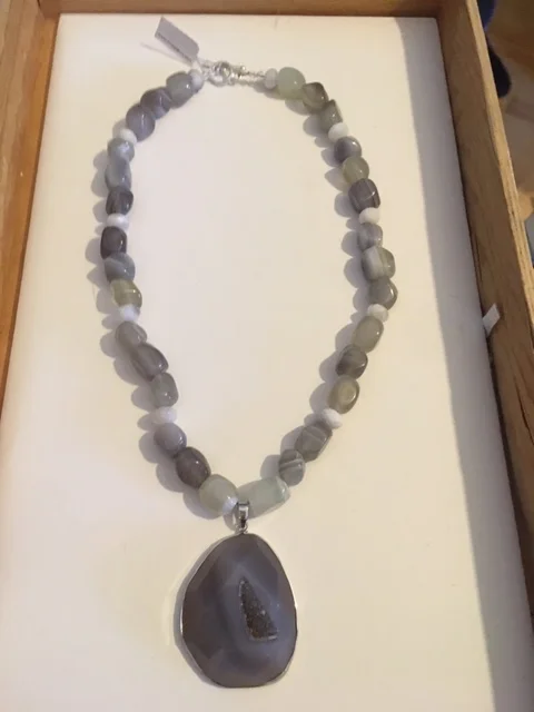 +Chunky Grey Druzy Pendent with Grey Agate Nuggets Necklace