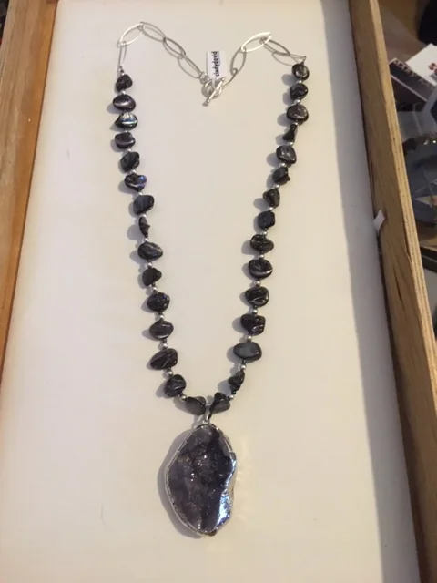 +Blue Druzy Quartz Pendent , Navy Blue Pearl Nuggets, Sterling Silver Necklace