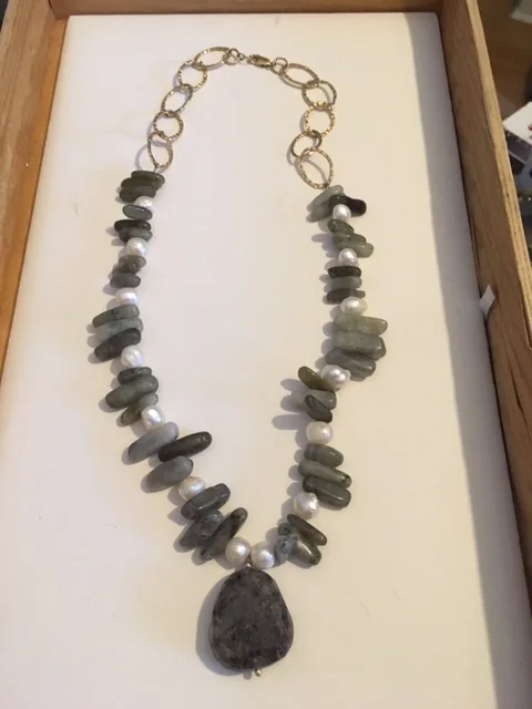 +Labrodite, Pearl, and Gold Filled Chain Necklace