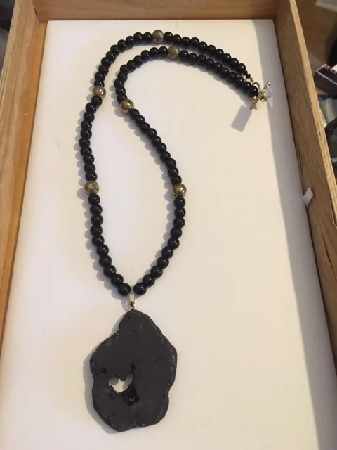 +Black Druzy Quartz Pendent with Black Jasper, Gold Druzy Quartz Necklace