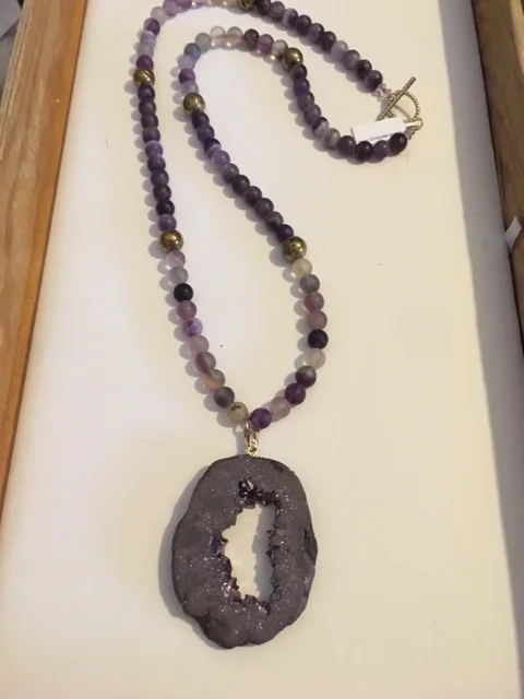 +Purple Druzy Quartz Pendent with Natural Flurite and Amethyst Necklace