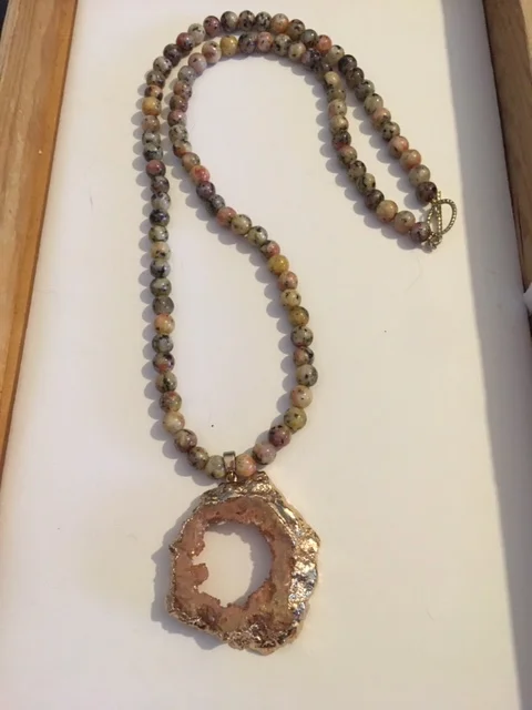 +Peach Druzy Quartz and Yellow Jasper Necklace