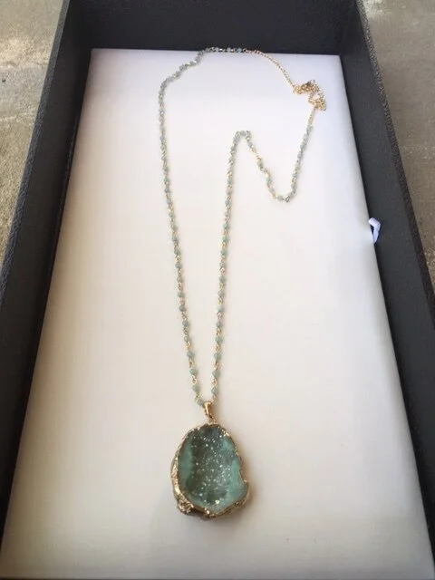 XL Teal Druzy with Teal beaded chain necklace.JPG