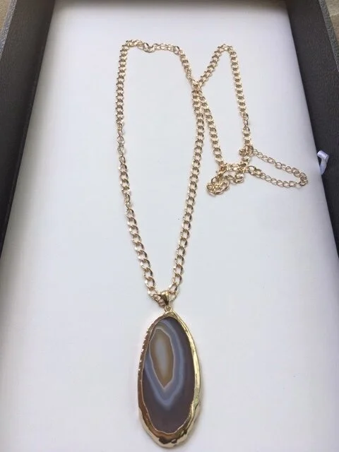 Grey tan light blue agate slice necklace.JPG