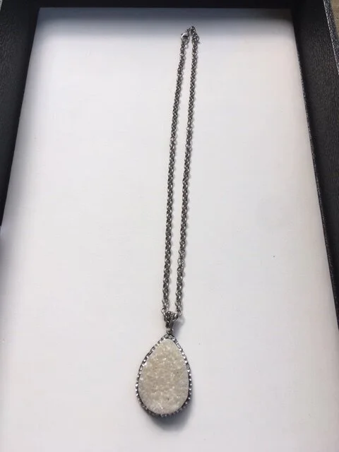 +White Druzy on Gunmetal Chain Necklace