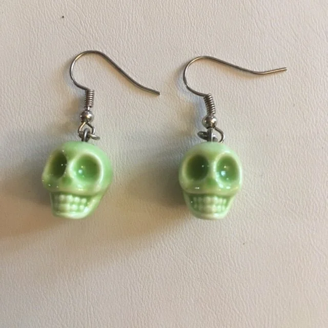 +Lime Green Porcelain Skull Earrings