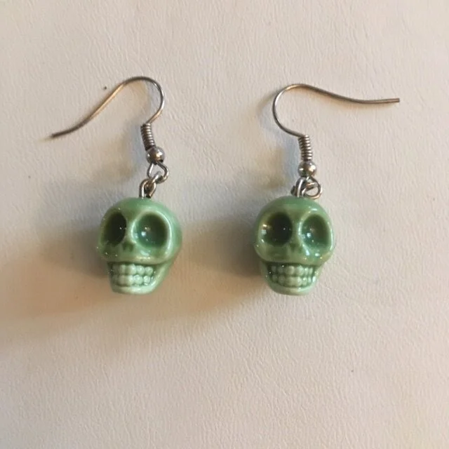 +Green Porcelain Skull Earrings