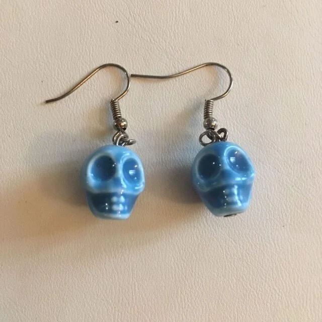 +Blue Porcelain Skull Earrings