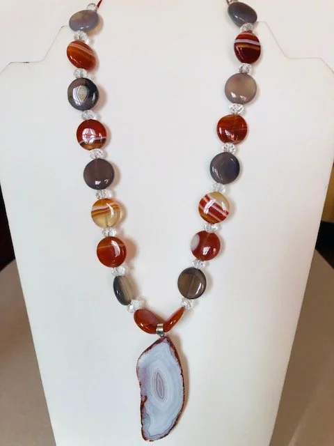 +Orange Grey White Agate Pendent Necklace