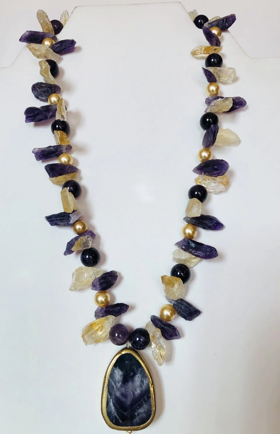Citrine and Amethyst Necklace w Amethyst Pendent