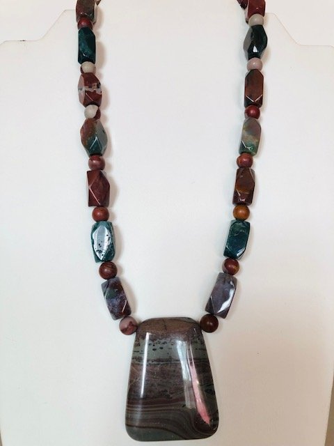 Multi Green and Burgandy Jasper Pendant Necklace