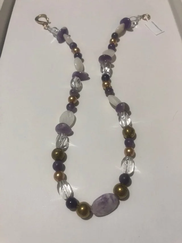 Cape Amethyst, Gold Druzy, Moonstone and Clear Quartz Necklace