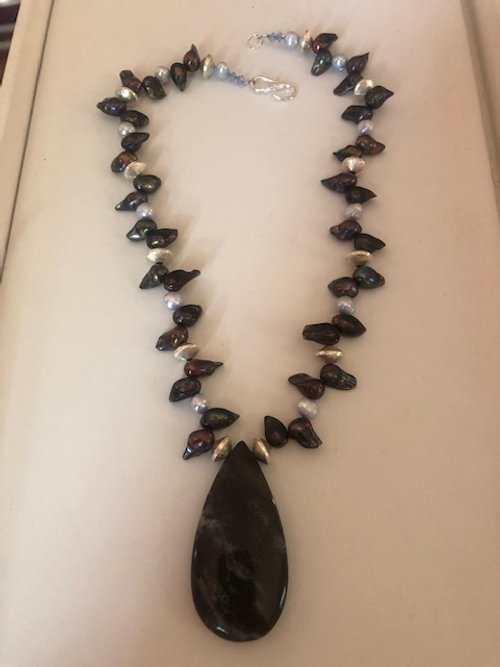 Blue Agate Pendent with Baby Blue Pearls, Peacock Blister Pearls & Silver Plated Disks