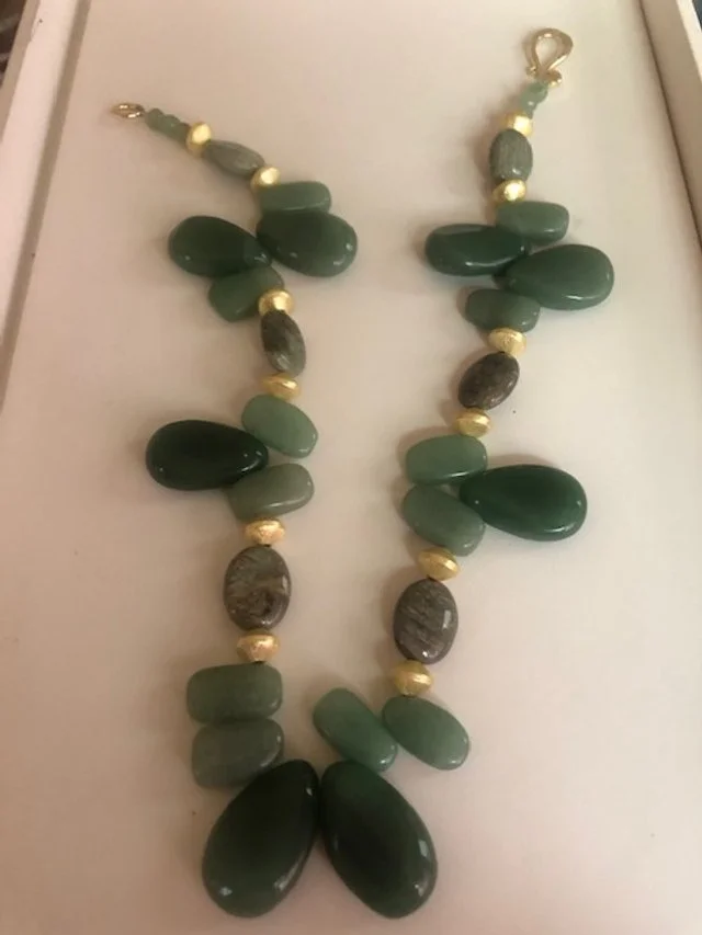 Green Adventurine  XL Teardrops, Green Jasper & Gold Puffed Disked Necklace