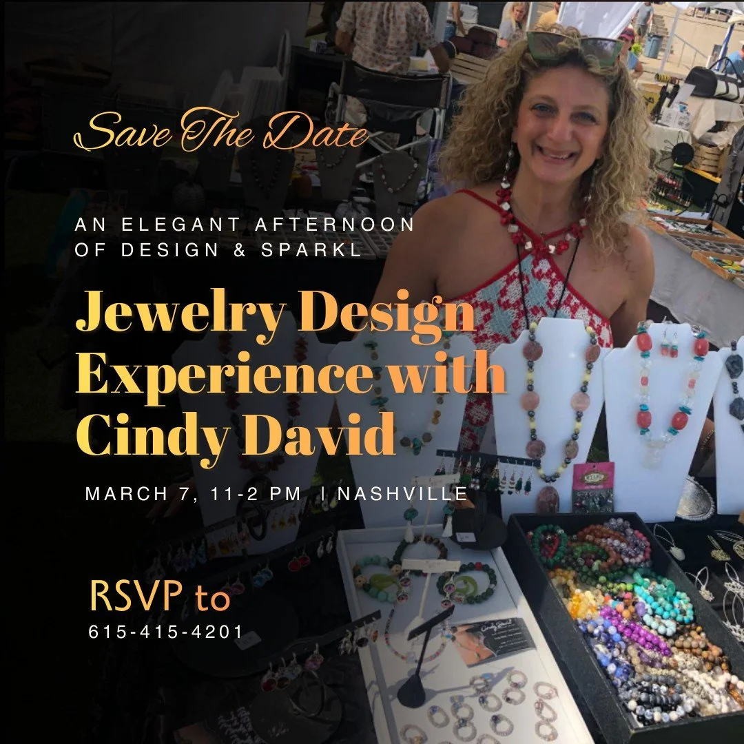 ✨ An Elegant Afternoon of Design, Sparkle &amp; Connection ✨

Join Nashville jewelry designer Cindy David of Cindy David Designs for an intimate, curated jewelry design experience. Sip wine, enjoy light bites, and create your own bespoke piece using 