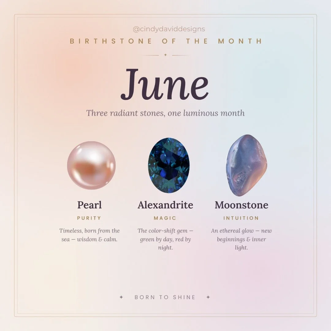 ✨ Happy Birthday, June Babies! ✨

You're lucky enough to have not one, but three stunning birthstones to call your own. 💎

🤍 Pearl - The timeless classic. Born from the sea, pearls symbolize purity, wisdom, and calm. No two are ever alike  just lik